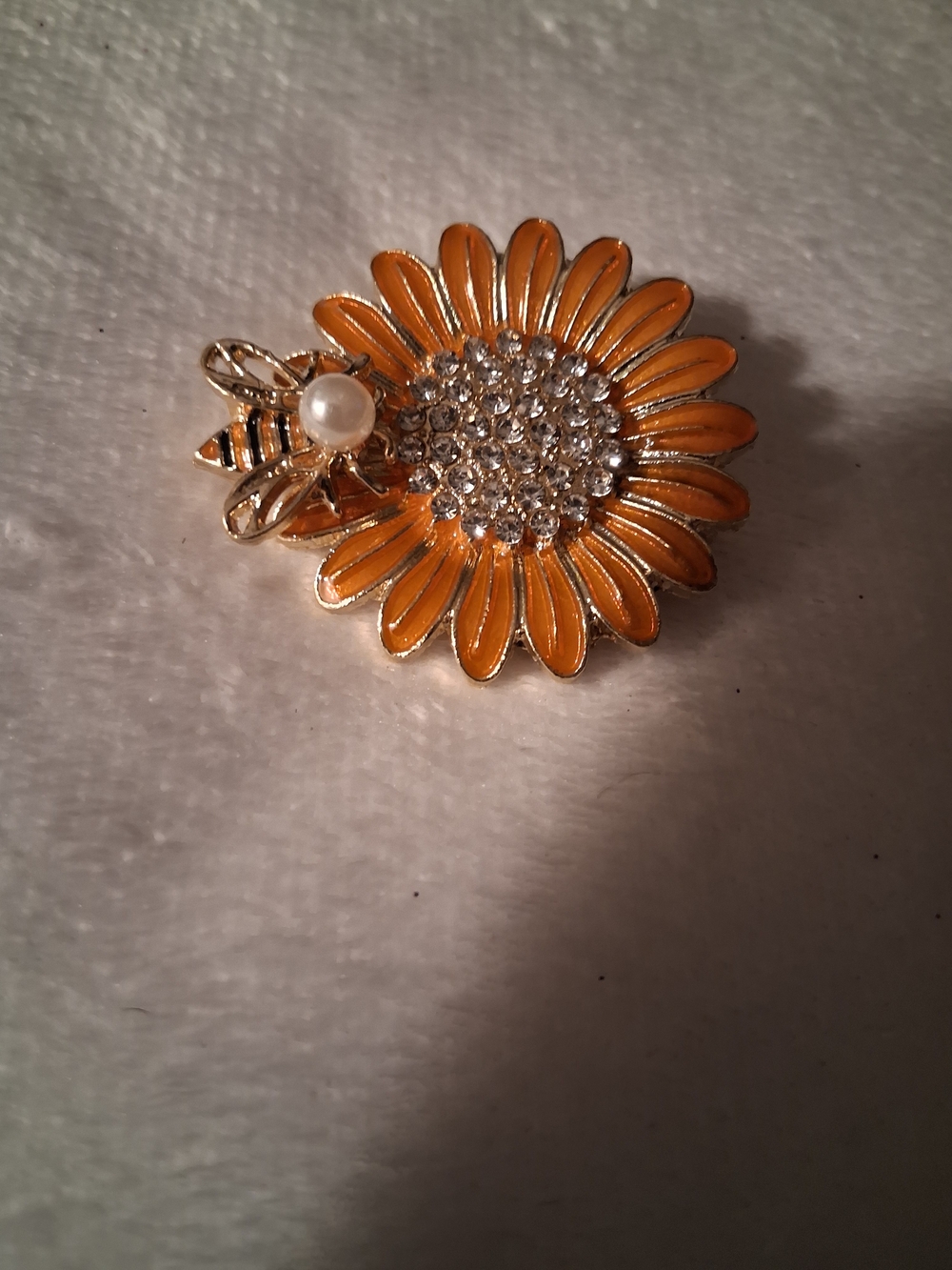 Sunflower Bee Brooch Pin - Gold Tone Yellow Crystal Accent